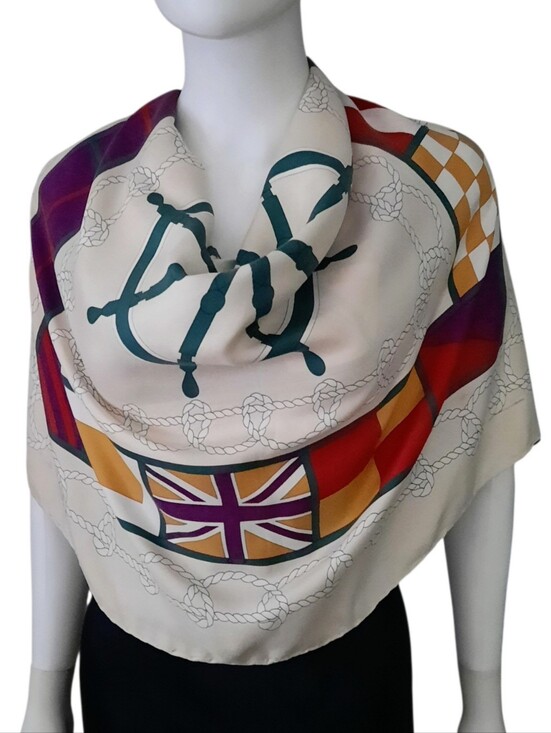 Burberry Accessories - Vintage BURBERRY Nautical Wheel & Flags Square Silk Scarf 33" Ecru/Multi